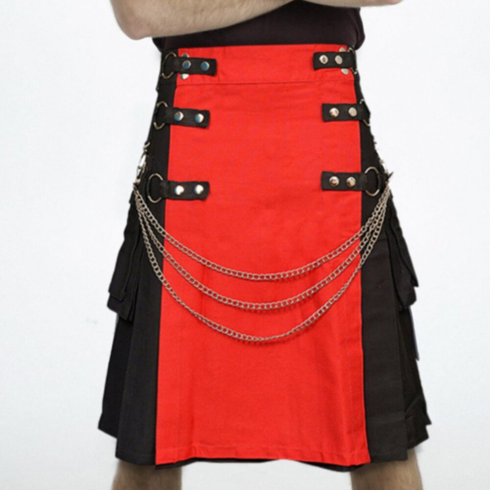 Black Utility Kilt with Removable Chains & Red Apron  Gothic Punk Men’s